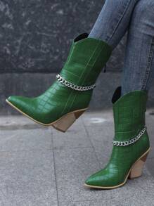 Western Style Women's Snake Pattern Green Boots With Faux Wood Heel And Chain Detail - Random Fabric Texture - Green - View 1