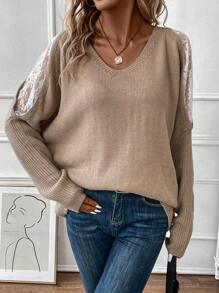 SHEIN LUNE Contrast Lace Batwing Sleeve Sweater - Mocha Brown - View 1
