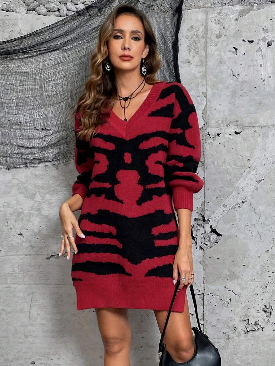 SHEIN LUNE Halloween Skeleton Pattern Drop Shoulder Split Hem Sweater Dress - Multicolor - View 1