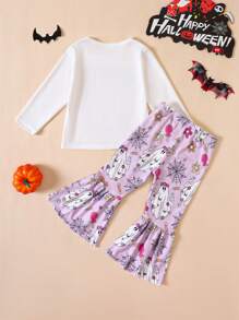 Cô Gái Trẻ Lá thư & Bản in Halloween Áo thun & Quần ống loe - trắng - Xem 2