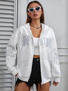 StreetHx Áo hoodie giữ ấm có khóa kéo, họa tiết chữ cái, kiểu dáng vai rớt, dành cho mùa thu. - trắng - Xem 4