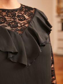 SHEIN Frenchy Talla grande Blusa con encaje en contraste ribete con fruncido de manga amplia - Negro - Ver 6