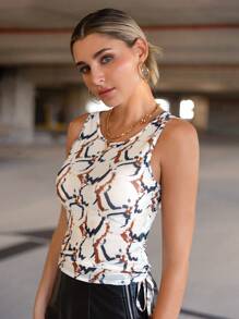 SHEIN Essnce 滿版印花側抽繩背心上衣 - 卡其色 - 查看 1