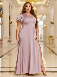 SHEIN Belle Plus 1pc One Shoulder Split Thigh Satin Dress - Dusty Pink - View 4