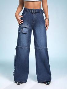 SHEIN ICON 翻蓋口袋腰帶闊腿牛仔褲 - 藍色 - 查看 5