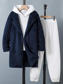 SHEIN 男大童素色絨毛外套和褲子&連帽衫 - 藍色 - 查看 4
