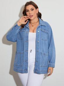 SHEIN Privé Plus Flap Pocket Denim Jacket - Medium Wash - View 1