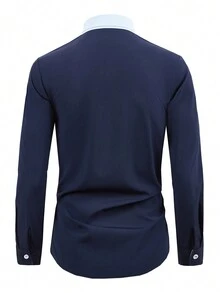 Men Contrast Trim Button Up Shirt - Navy Blue - View 3