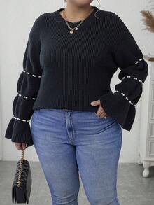 Calvaya Plus Pearls Beaded Flare Sleeve Sweater - Black - View 6