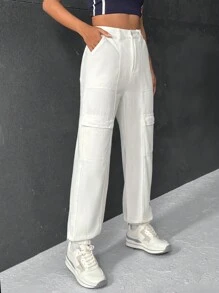 SHEIN EZwear Quần jean túi có nắp lưng cao - trắng - Xem 6