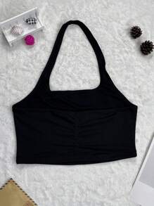 حمالة صدر هالتر عارية الظهر بتصميم مضلع عادي - الأسود - مشاهدة 2