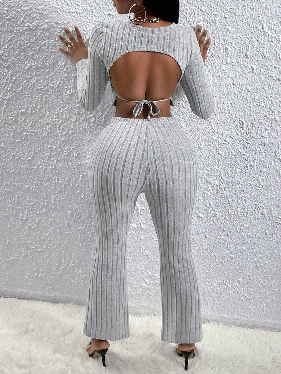 Slaydiva Tie Backless Crop Tee & Flare Leg Pants - Grey - View 1