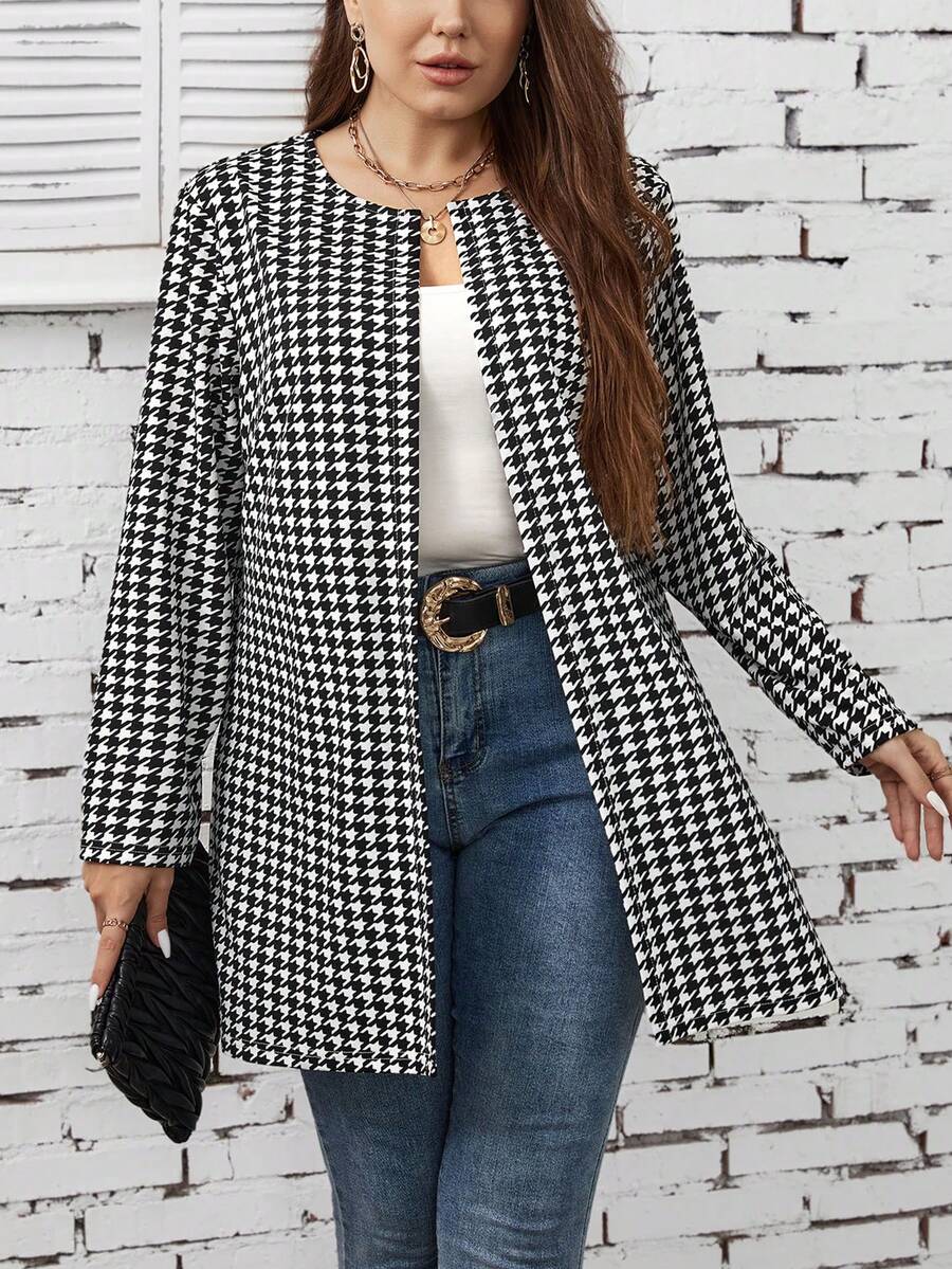 SHEIN LUNE 大码女式千鸟格印花开襟休闲通勤夹克，春秋季