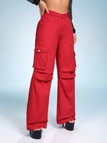 SHEIN ICON 翻蓋口袋工裝牛仔褲 - 紅色 - 查看 5