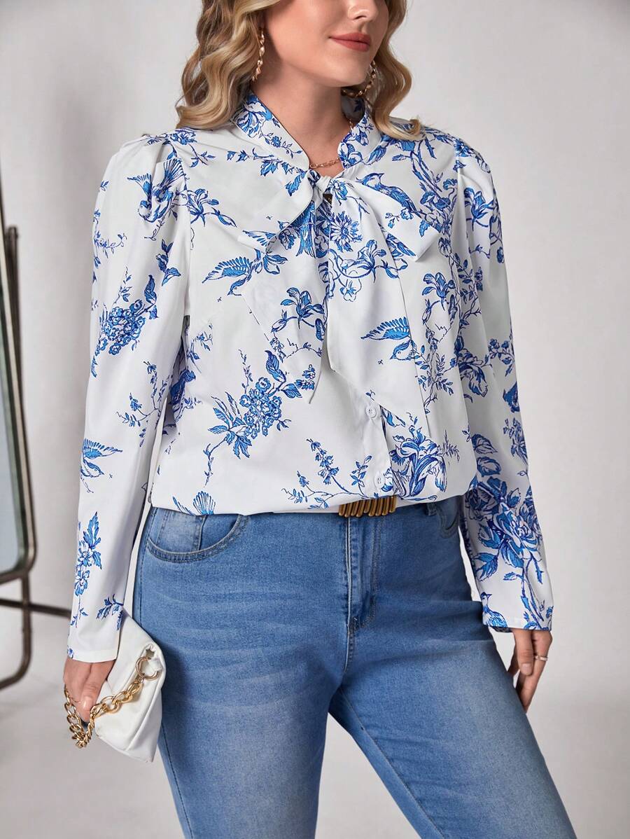 SHEIN Clasi 加花卉印花領結襯衫 - 彩色 - 查看 1