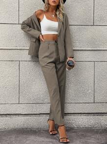 SHEIN Privé Áo blazer và quần vest trơn một nút - màu nâu - Xem 3