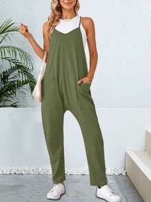 Áo liền quần nữ Túi màu trơn Giải trí - xanh quân đội - Xem 1