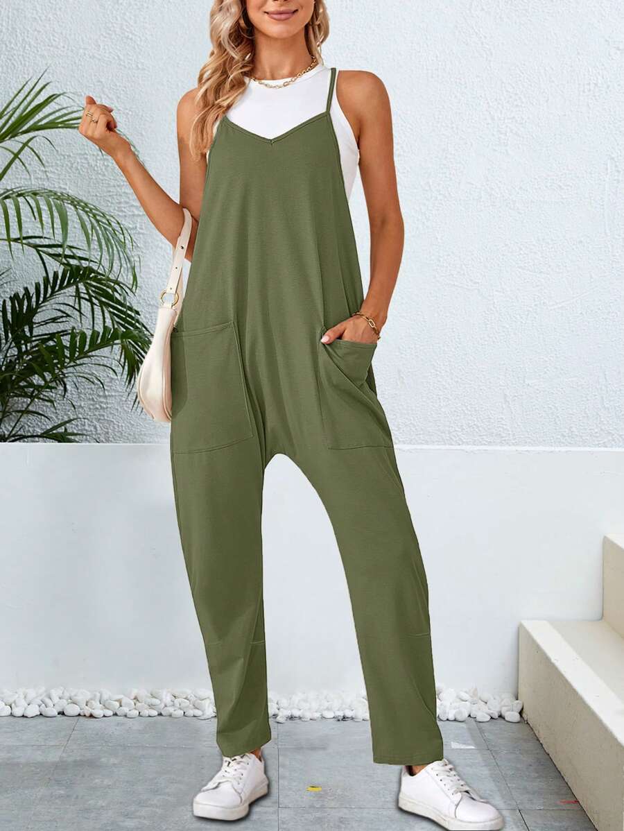 Áo liền quần nữ Túi màu trơn Giải trí - xanh quân đội - Xem 1