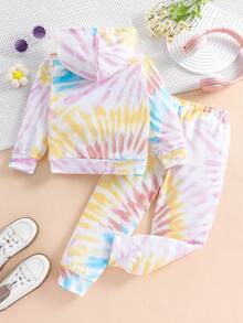 SHEIN 女小童兒童秋冬新款紮染雛菊花朵圖案圖案連帽衛衣和長褲套裝在黃色,粉色和藍色-適用於可愛,休閒,時髦戶外運動和運動,帶長袖和彈性袖口 - 黃色 - 查看 2