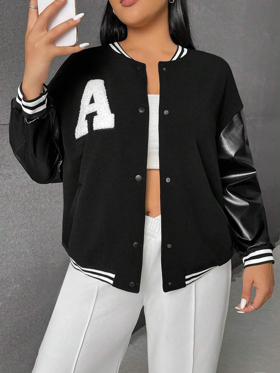SHEIN EZwear Plus Letter Patched Striped Trim Drop Shoulder Varsity Jacket - Black - View 1