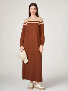 Graceveil Striped Print Tee Modest Long Sleeve Dress - Rust Brown - View 3