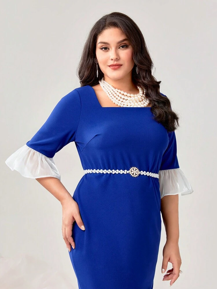 Plus Colorblock Flounce Sleeve Mermaid Hem Dress Without Belt