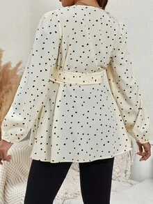 SHEIN Thai sản Toàn thân In hình trái tim Tay áo lồng đèn Thắt lưng Áo sơ mi - Màu be - Xem 3