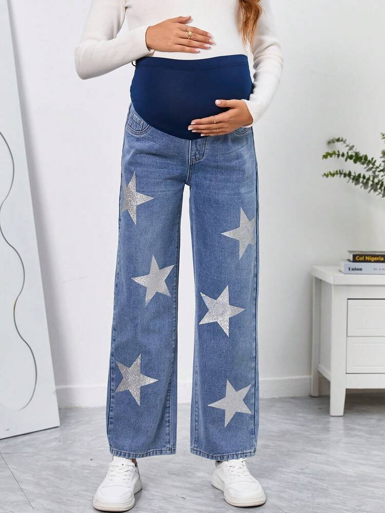 Maternity Wideband Waist Star Print Straight Leg Jeans