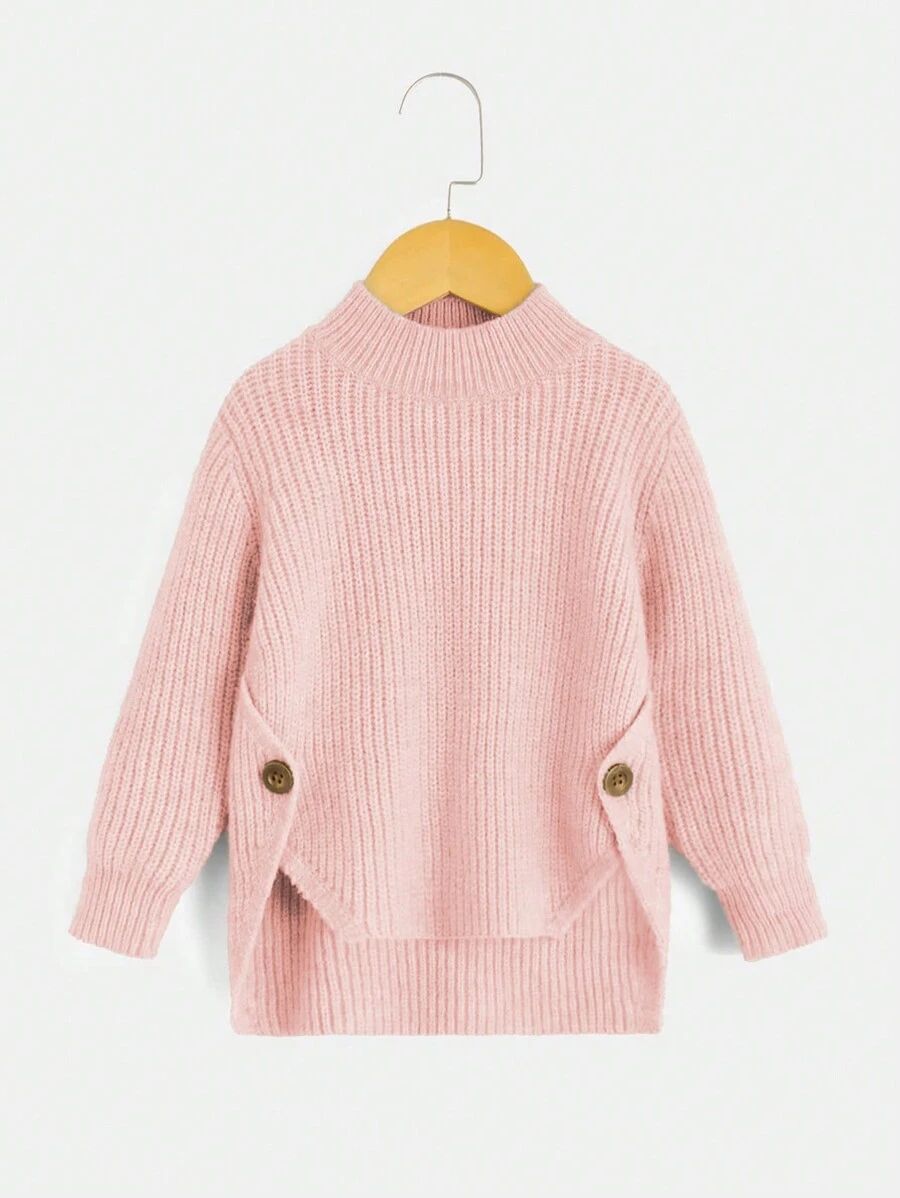 SHEIN 女小童小高領紐扣細節高低下擺套頭毛衣 - 粉色 - 查看 1