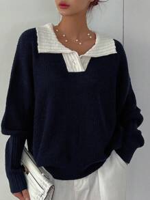 DAZY Contrast Collar Drop Shoulder Sweater,Long Sleeve Tops,Fall Clothes - Navy Blue - View 7