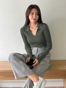 DAZY 商务休闲简约纯色修身毛衣，秋季服装 - 深灰色 - 查看 3
