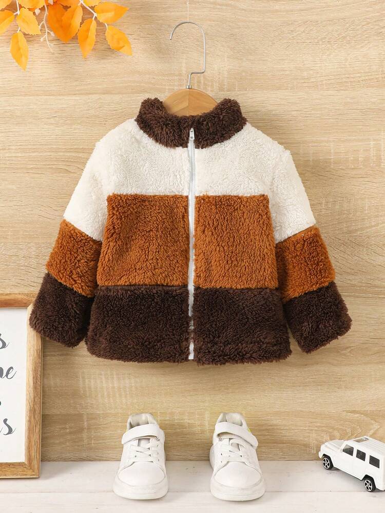 Baby Girl Colorblock Zip Up Teddy Coat