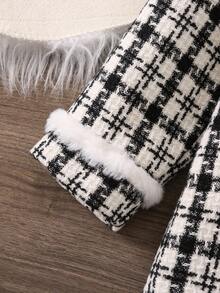 SHEIN Chica Joven Abrigo con patrón de cuadros con lazo delantero cuello marinero tweed - Blanco y Negro - Ver 7