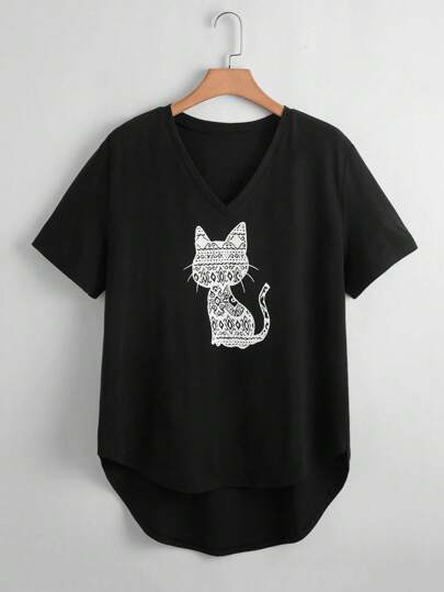 تي شيرت منخفض وعالي بطباعة قط كارتون مقاس كبير