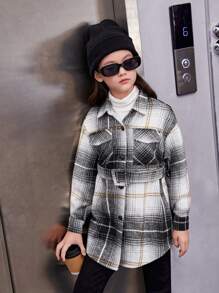 SHEIN Tween Girl Plaid Print Drop Shoulder Flap Pocket Belted Shirt Dress