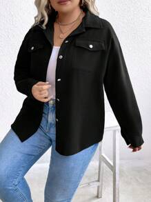 SHEIN LUNE Plus Flap Pocket Drop Shoulder Jacket - Black - View 3