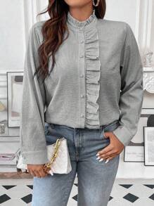 SHEIN Franclia Talla grande Blusa ribete con fruncido con botón delantero - Negro - Ver 5