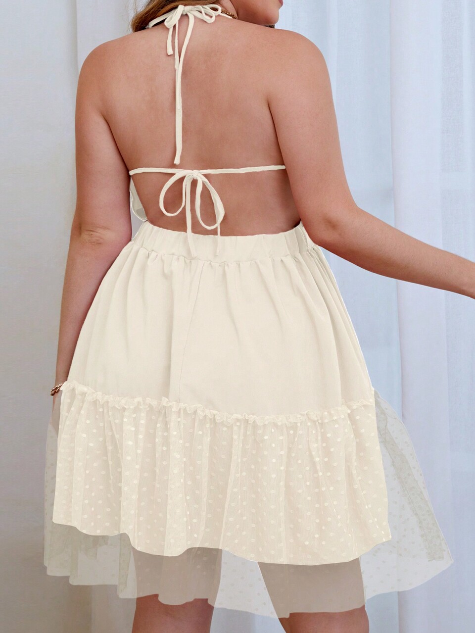 Plus Contrast Mesh Ruffle Hem Tie Backless Halter Dress
