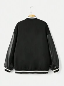 SHEIN EZwear Thư được vá Sọc trang trí Thả vai Áo khoác Đại học - màu đen - Xem 2