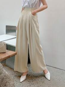 DAZY Solid Plicated Detail Wide Leg Pants - Apricot - View 2