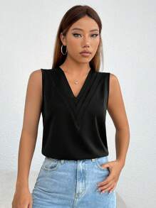 SHEIN PETITE 純色 V 領無袖襯衫 - 黑色 - 查看 3