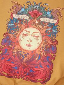 SHEIN EZwear Hơn In mặt trời Thả vai Áo nỉ - Màu vàng - Xem 3