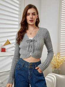 Cárdigan crop con cordón delantero - Gris - Ver 5