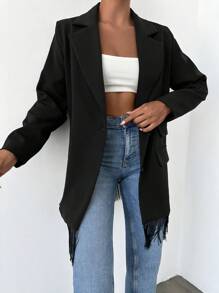 RueChic Lapel Neck Fringe Hem Button Front Blazer - Black - View 4