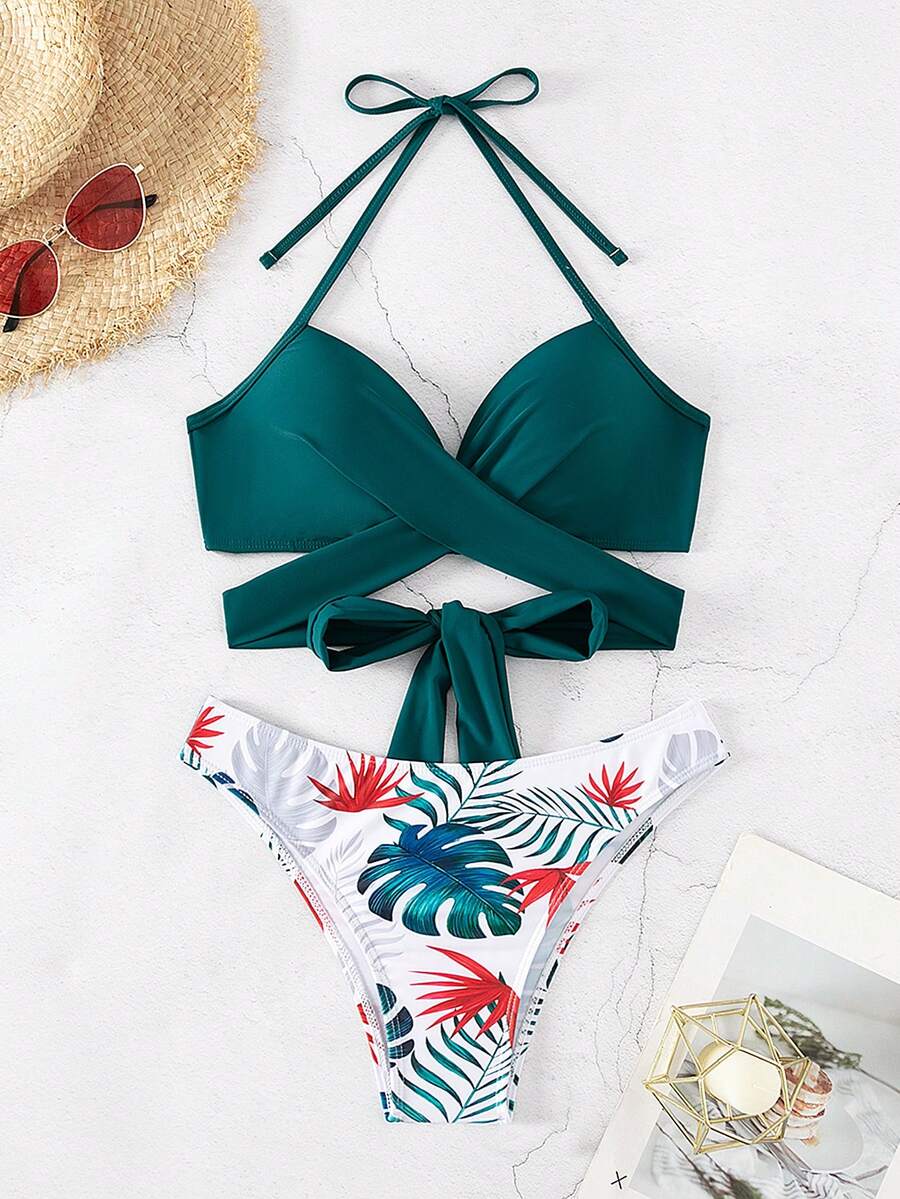 熱帶印花包裝式推桿比基尼套裝 - 彩色 - 查看 1