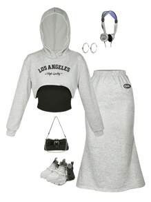 SHEIN Teen Girls Letter Graphic Hoodie & Skirt & Cami Top - Multicolor - View 1
