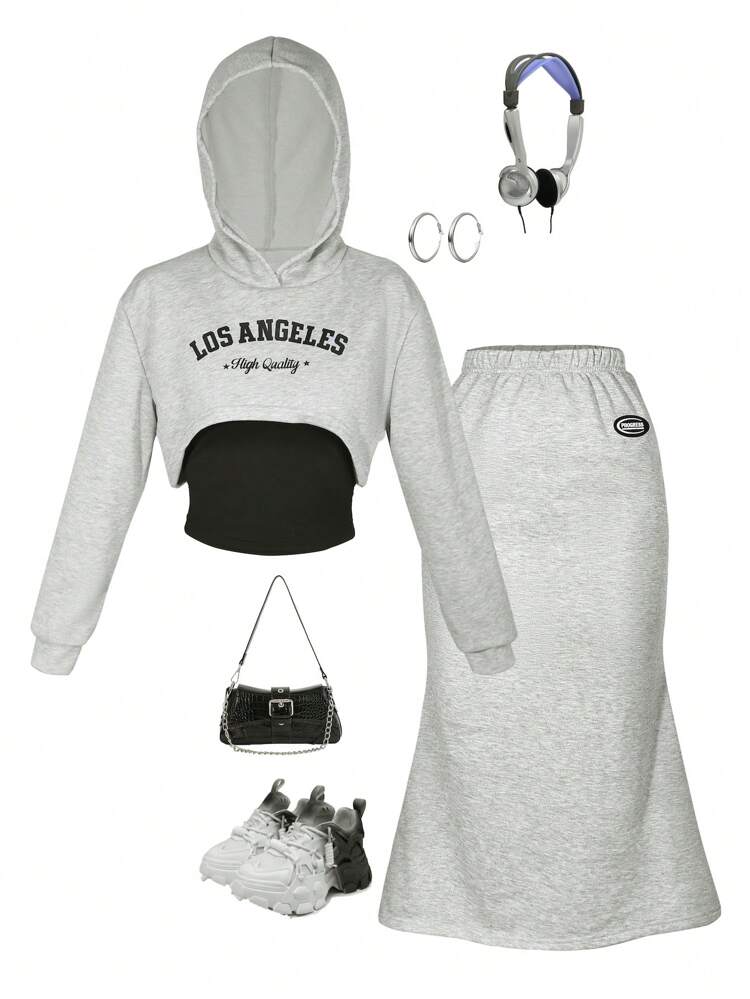 Teen Girls Letter Graphic Hoodie & Skirt & Cami Top