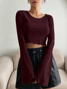 DAZY Blusa corta de manga larga con ribete de lechuga para mujer - Burdeos - Ver 1