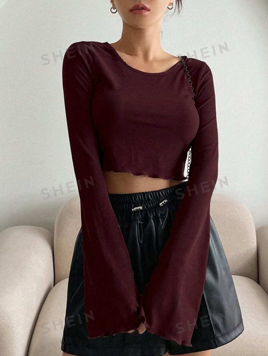 DAZY Blusa corta de manga larga con ribete de lechuga para mujer - Burdeos - Ver 1