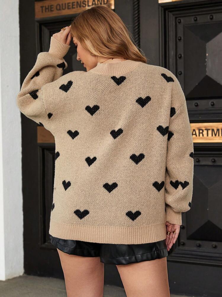 Plus Heart Pattern Drop Shoulder Sweater, Winter Knit Pullover Fall Autumn